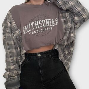 Reworked Upcycled Smithsonian Plaid Long Sleeved Brown Gray Two Tone Shirt Top